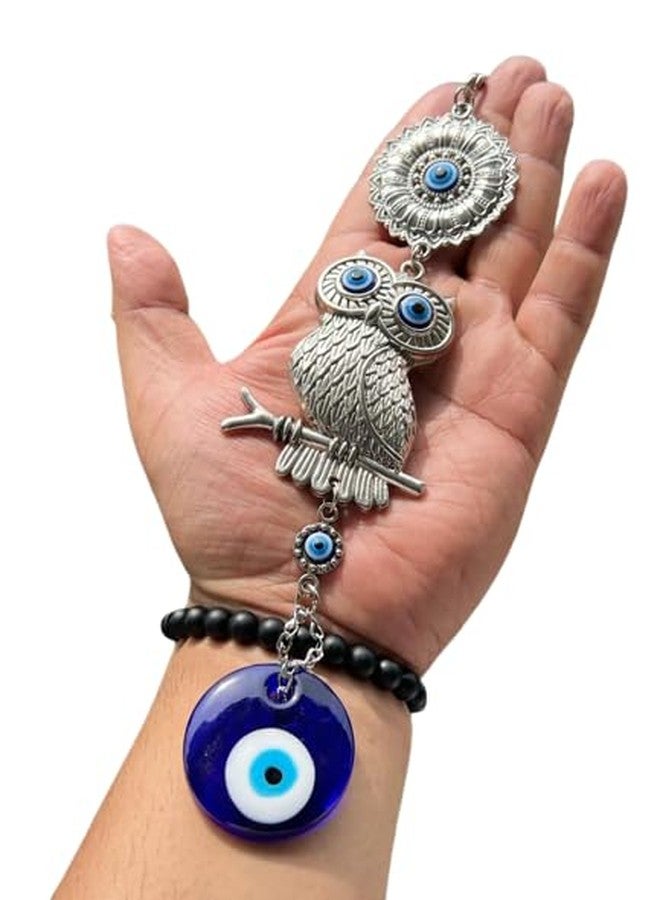 BLUE BEADS خرز أزرق معدني لتزيين المنزل، يُعلق على الحائط أو السيارة، مزين بزينة بومة الحظ وعين زرقاء، تميمة معلقة لجلب الحظ والحماية والبركة للسيارة والمنزل والمكتب. - Image 1